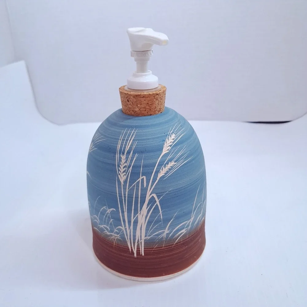 Chapman handmade pottery soap pump beach sea grass oats blue lake cork ocean